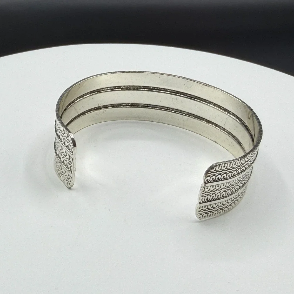 Silver Tone Wide Etched Cuff Bracelet Tribal Boho Textured Statement Jewelry